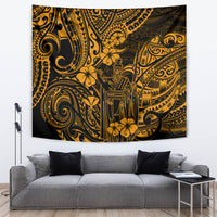 Gold and black Polynesian pattern tapestry wall hanging with tribal figures and swirls
