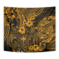 Close-up gold and black Polynesian tapestry wall hanging with detailed ornamental lines