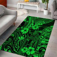 Bright green rectangular area rug with black Polynesian tribal motifs