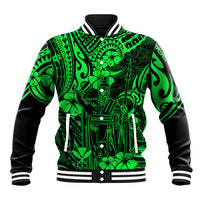 Green Polynesian baseball jacket with black snap-front, ribbed collar, striped cuffs