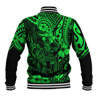 Green Polynesian baseball jacket back graphic with black ribbed collar and striped hem