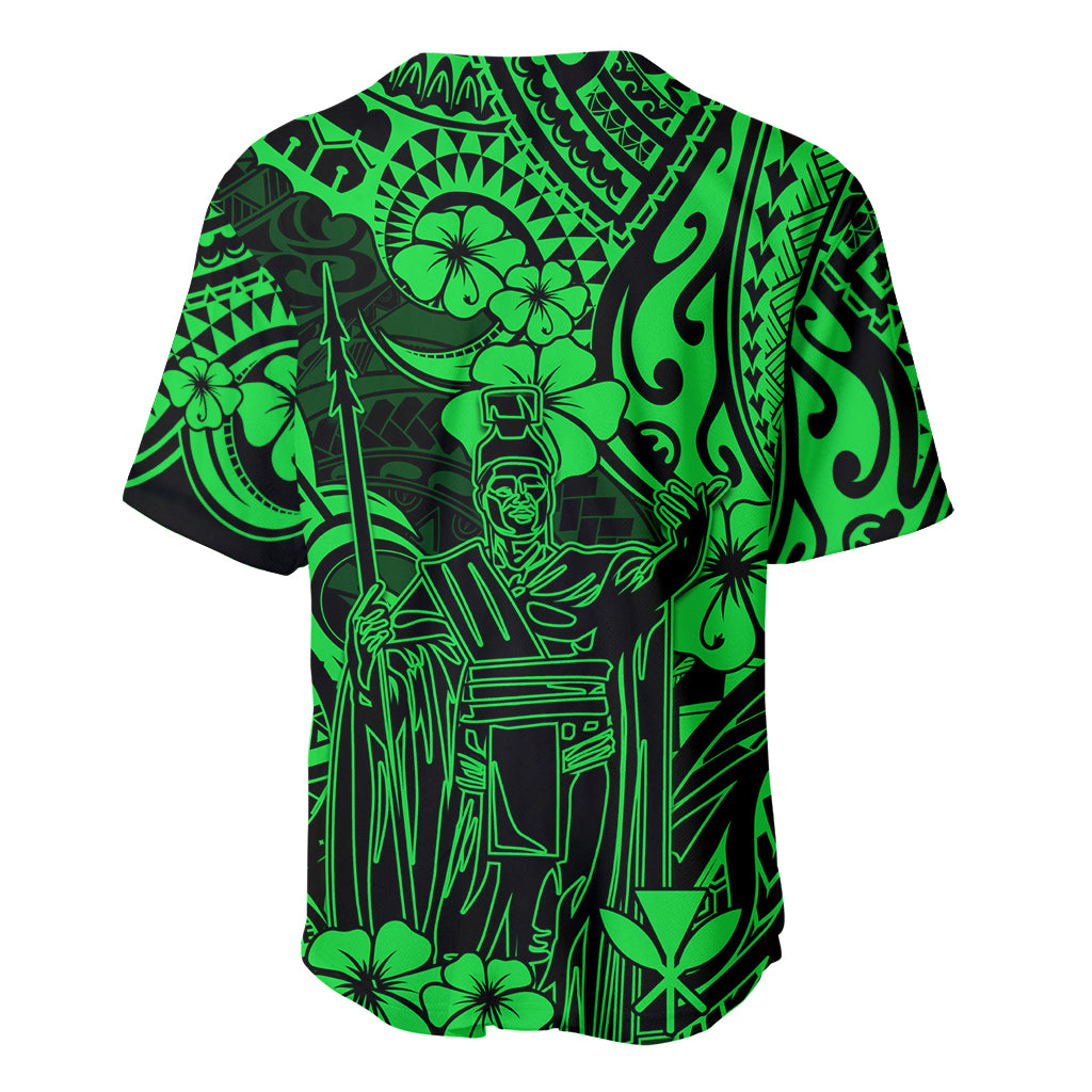 Green baseball jersey back with neon Polynesian pattern and button placket, short sleeves