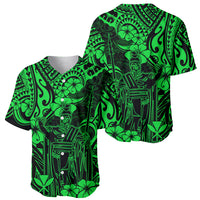 Green baseball jersey side view showing neon Polynesian graphics on front and back, short sleeves