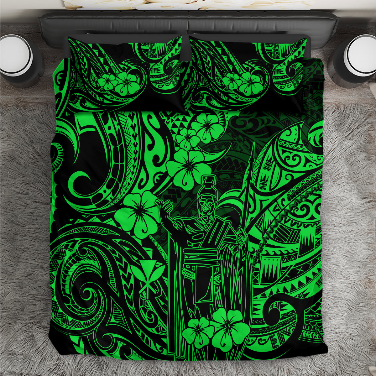 Green Polynesian patterned duvet and sheet set with black and neon green artwork