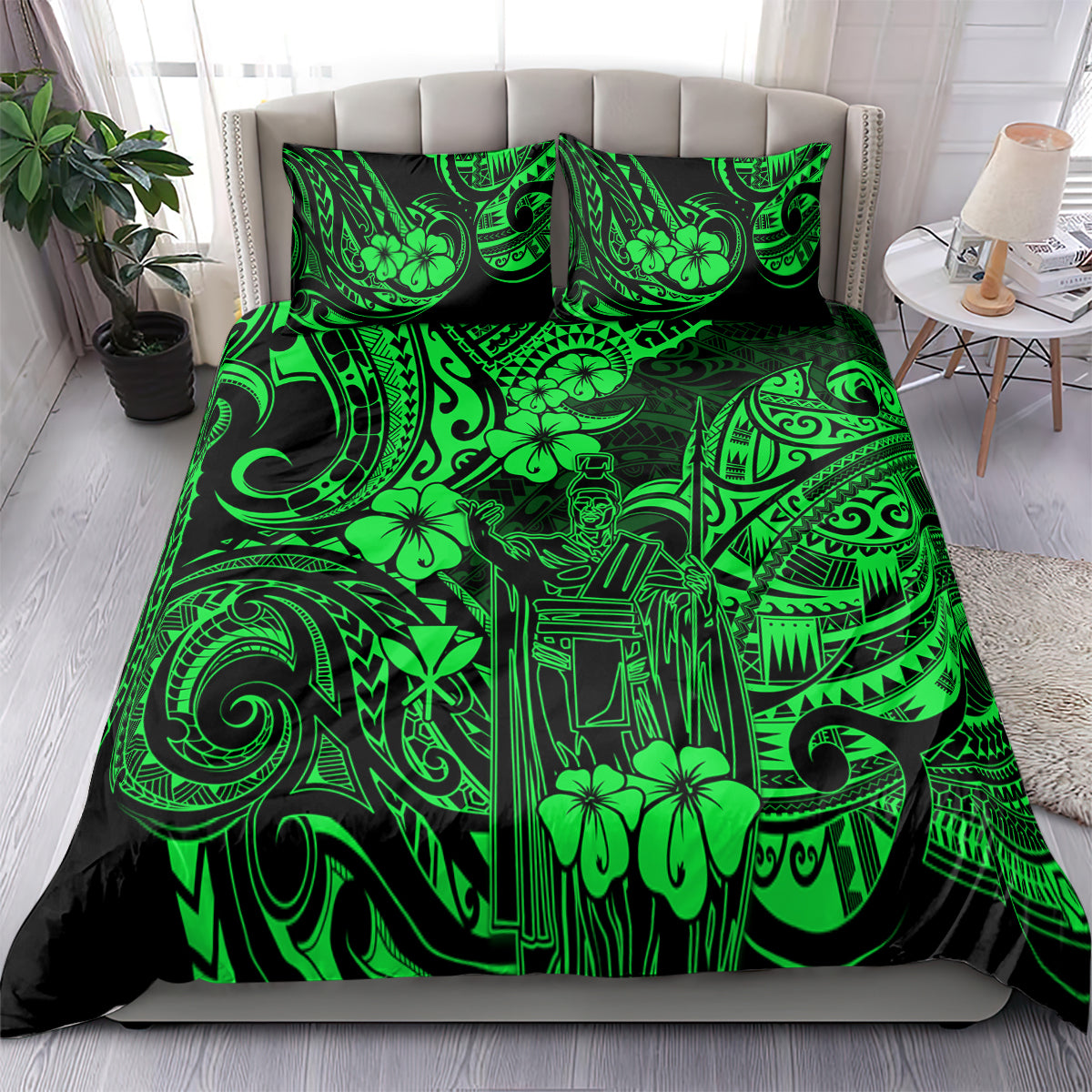 Green Polynesian patterned bedding set with matching pillowcases on a bed