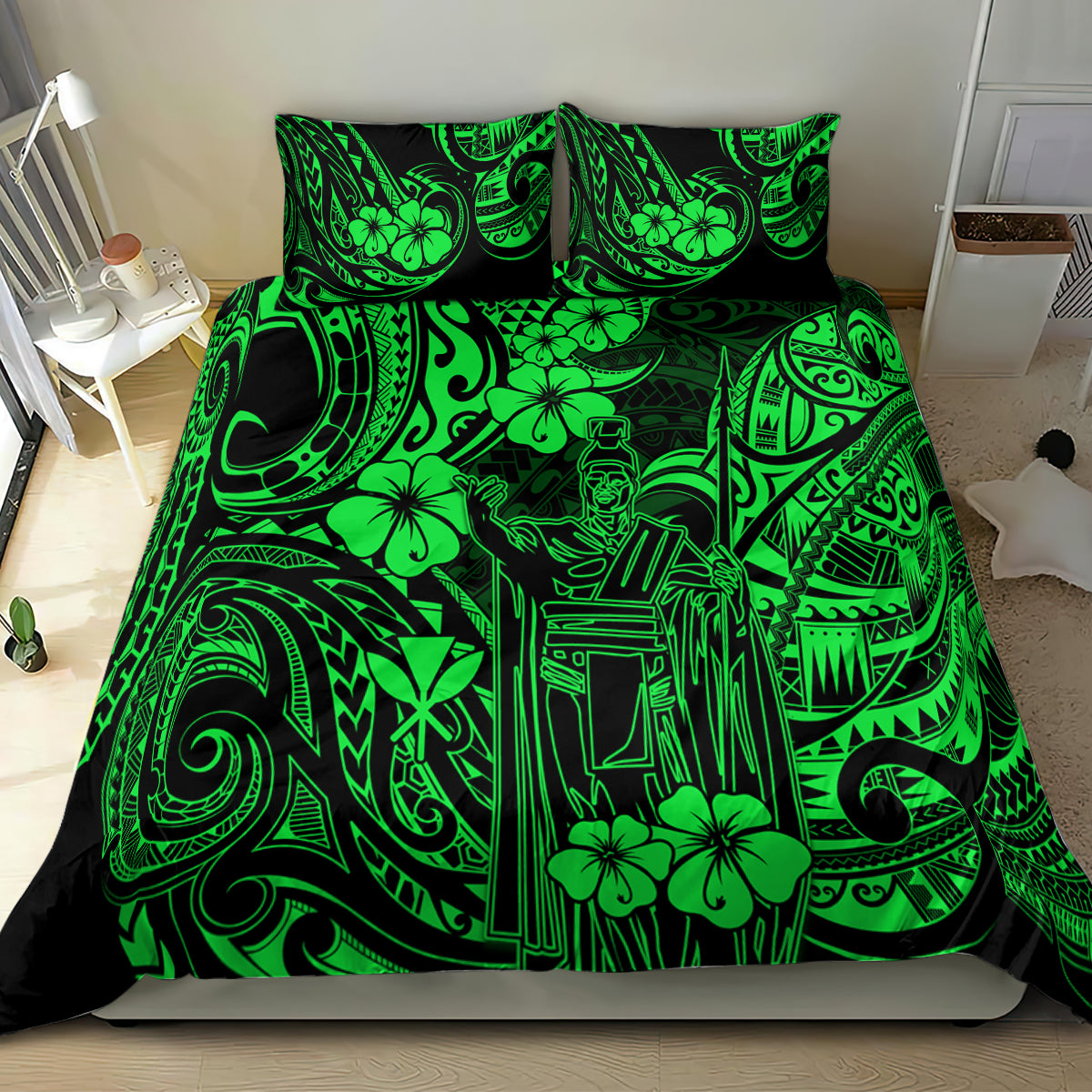 Green Polynesian patterned duvet with two matching pillows on a bed