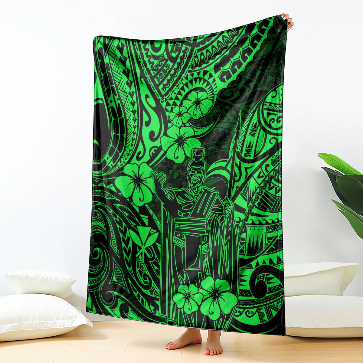 Green Polynesian pattern blanket with dark tribal motifs and floral accents.