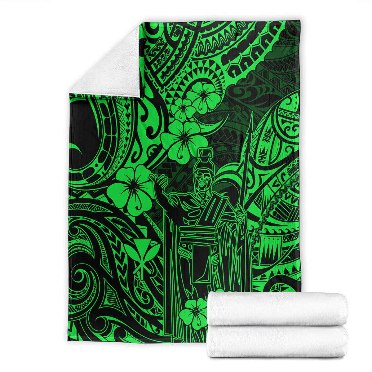 Folded green Polynesian pattern blanket set with matching white towels.