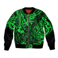 Green and black bomber jacket with Polynesian graphic, ribbed collar and cuffs
