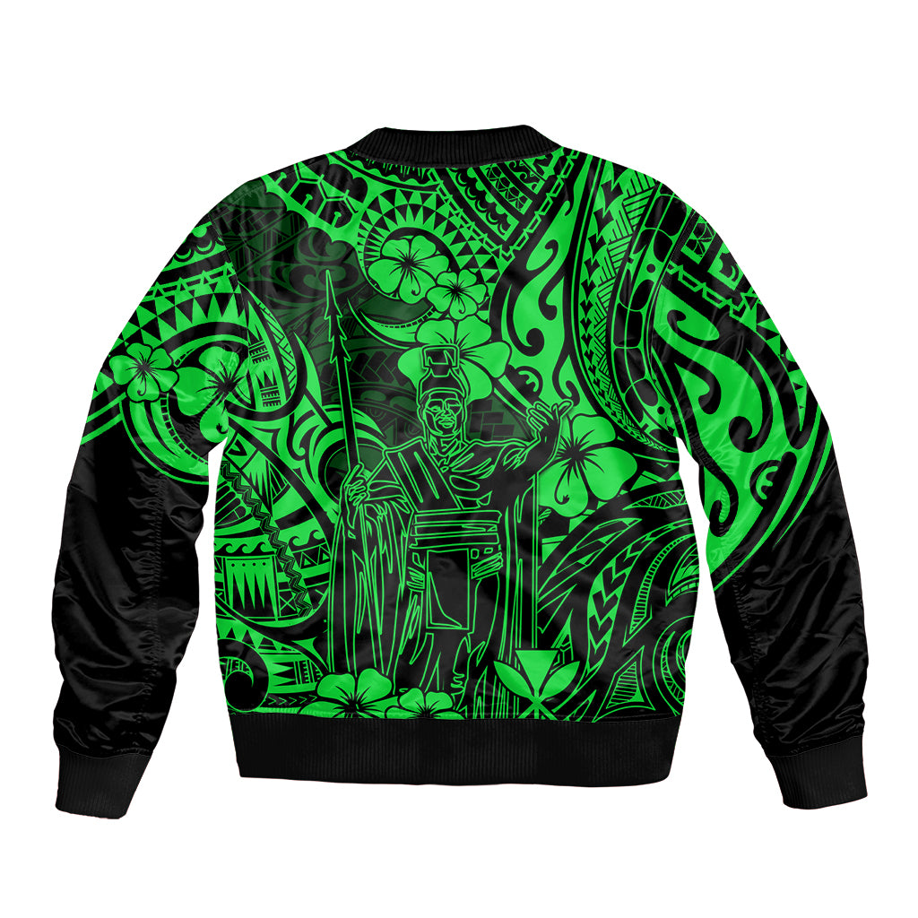 Green bomber jacket with central Polynesian-style artwork and black ribbed hem