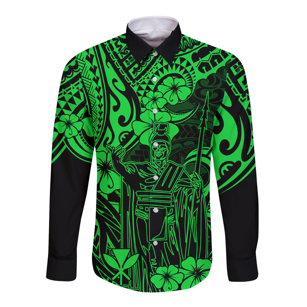 Long sleeve button shirt in green with black Polynesian king graphic
