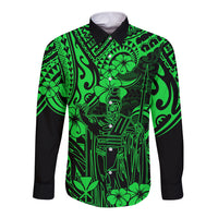 Long sleeve button shirt in green with black Polynesian king graphic