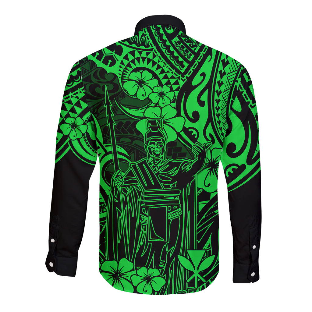 Long sleeve button shirt with green Polynesian pattern and black cuffs
