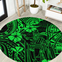 Green round Polynesian pattern carpet with Kamehameha-style warrior figure illustration