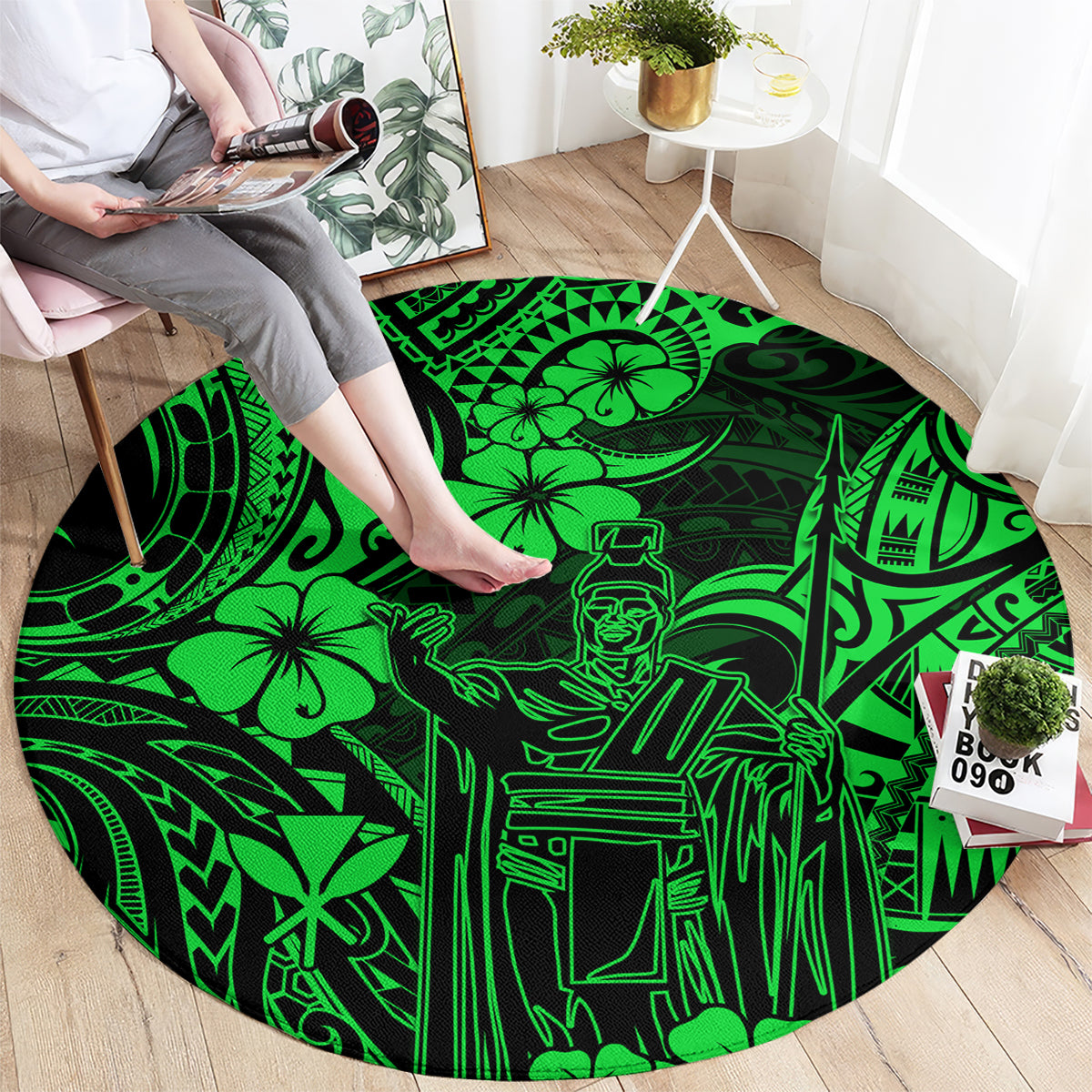 Green round Polynesian pattern carpet with outlined tribal warrior scene, black accents