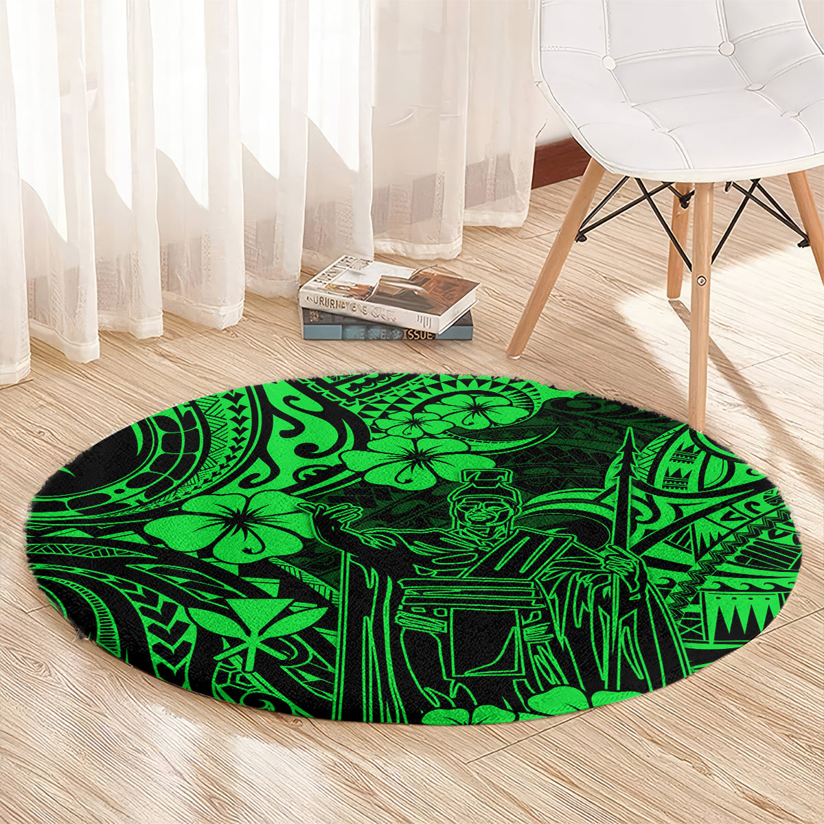 Green round Polynesian pattern carpet with warrior portrait and island tribal motifs