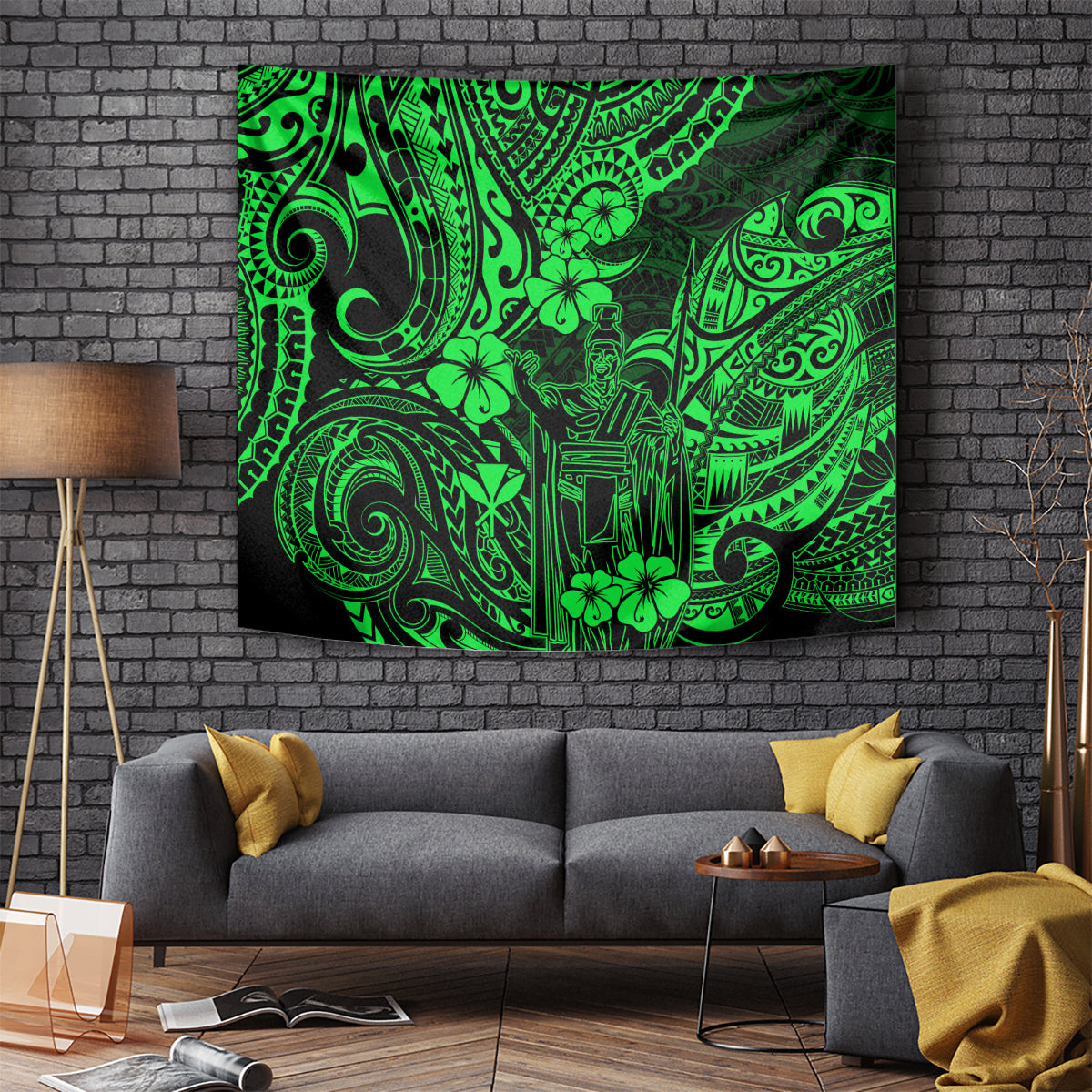 Green Polynesian tapestry with tribal tiki face and floral swirl pattern