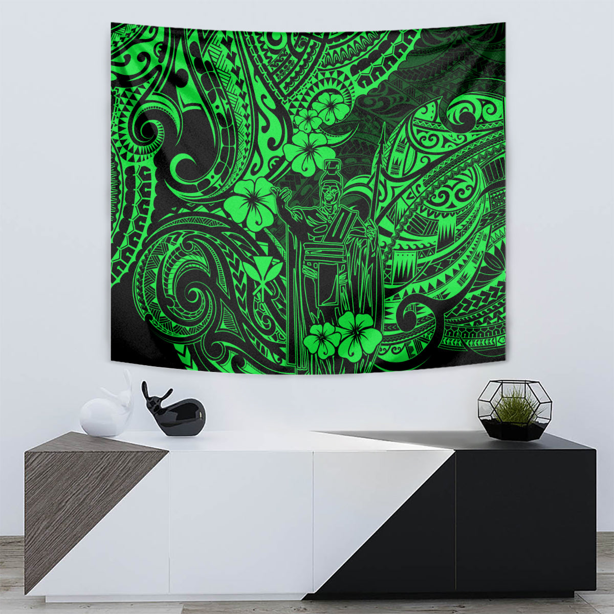 Green Polynesian tapestry with tiki warrior and hibiscus-style flower motifs