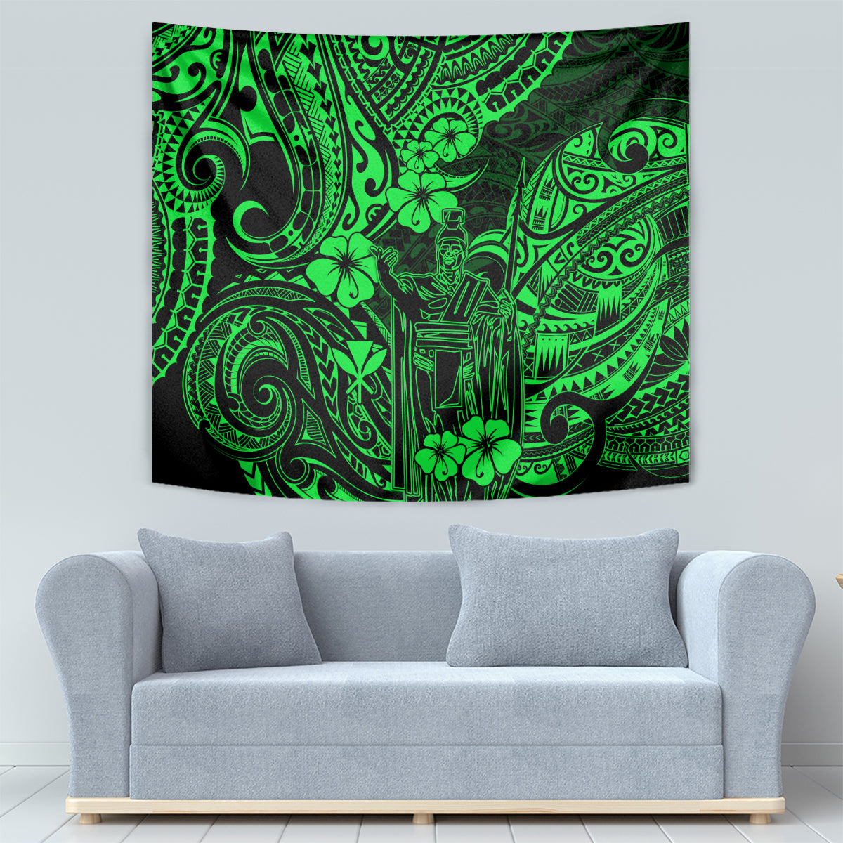 Green Polynesian tapestry with ornamental swirls, tiki face, and flower icons