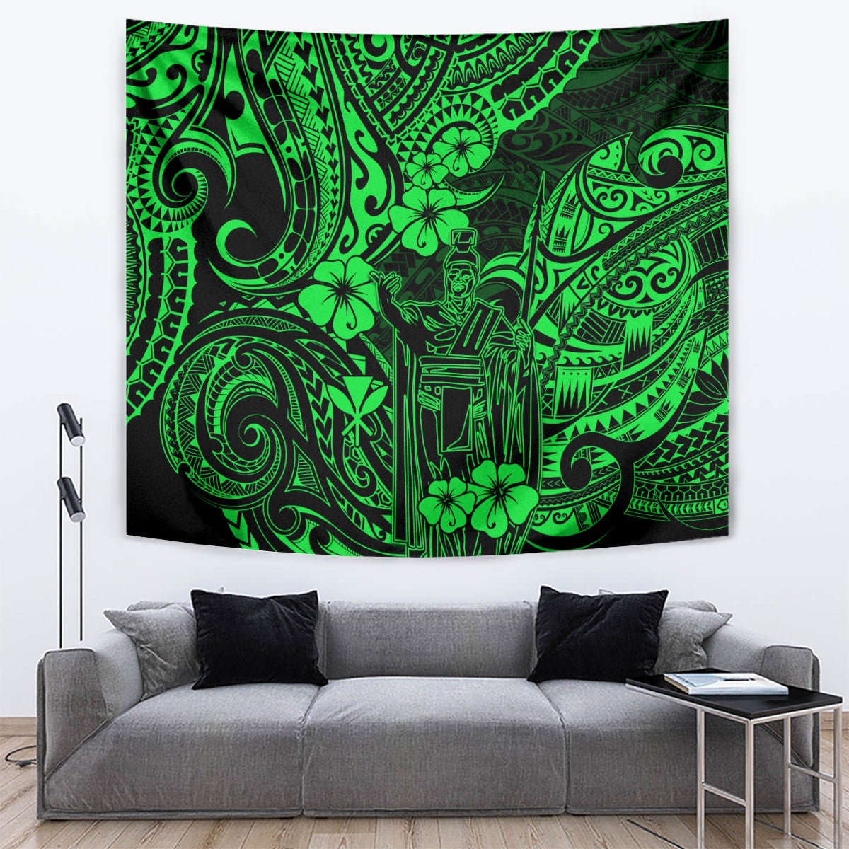 Green Polynesian tapestry with geometric tribal motifs and tiki emblem in center