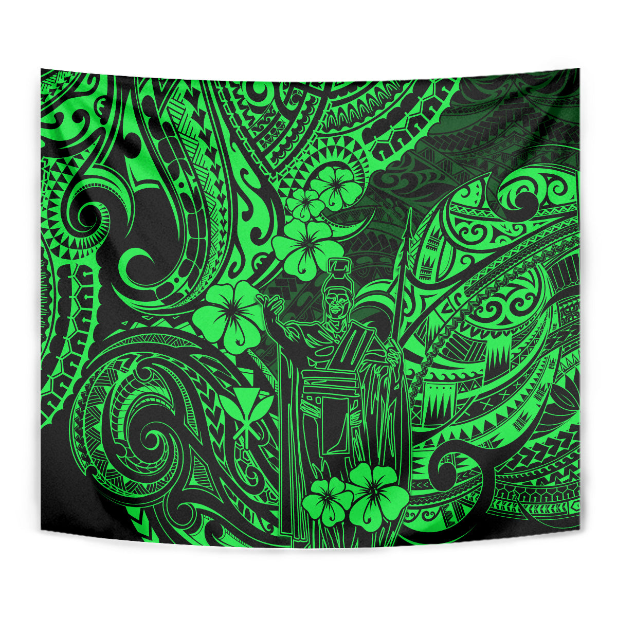 Green Polynesian tapestry featuring tiki warrior figure with swirling tribal designs