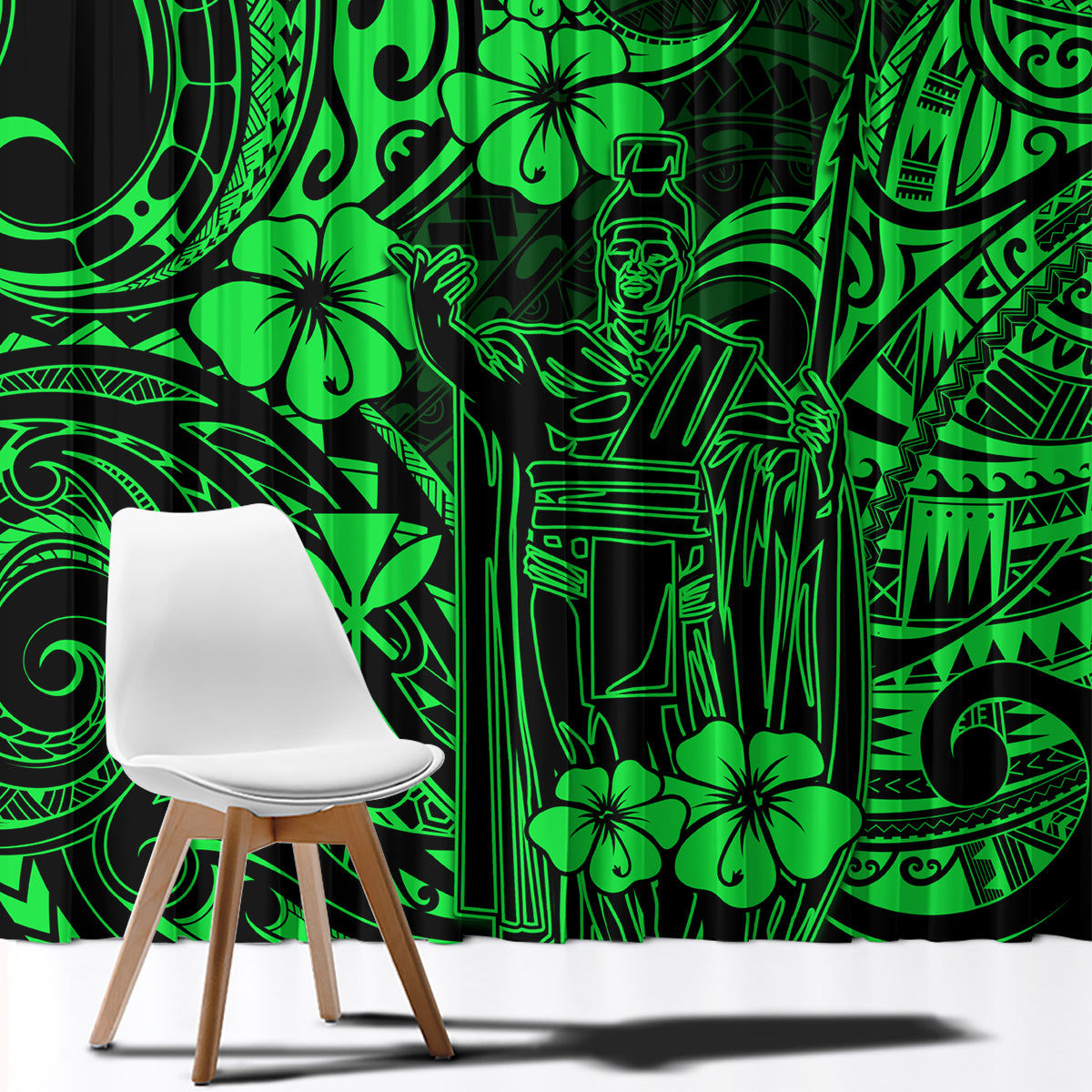Green printed window curtain panels with Polynesian tribal figures and floral motifs
