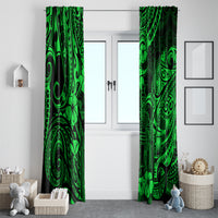 Pair of green Polynesian motif window curtains with top hanging rod