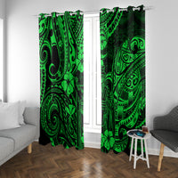 Green patterned window curtain panels with clover and tribal swirl motifs