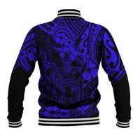Unisex baseball jacket, dark blue Polynesian pattern on back, ribbed hem and cuffs