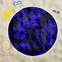 Navy blue round beach blanket with Polynesian pattern and white fringe border
