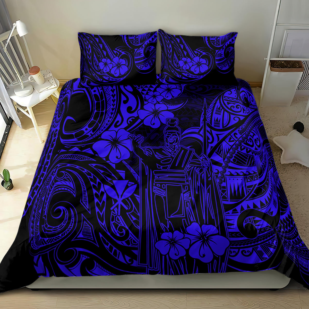 Navy and blue Polynesian patterned bedding set with comforter and pillow shams, bold motifs