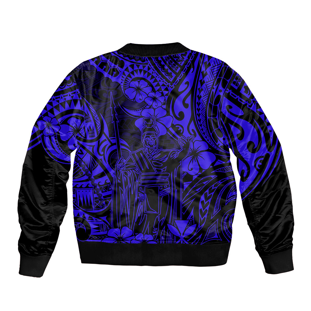 Unisex bomber jacket with blue Polynesian back print, black sleeves and ribbed hem