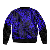 Unisex bomber jacket with blue Polynesian back print, black sleeves and ribbed hem