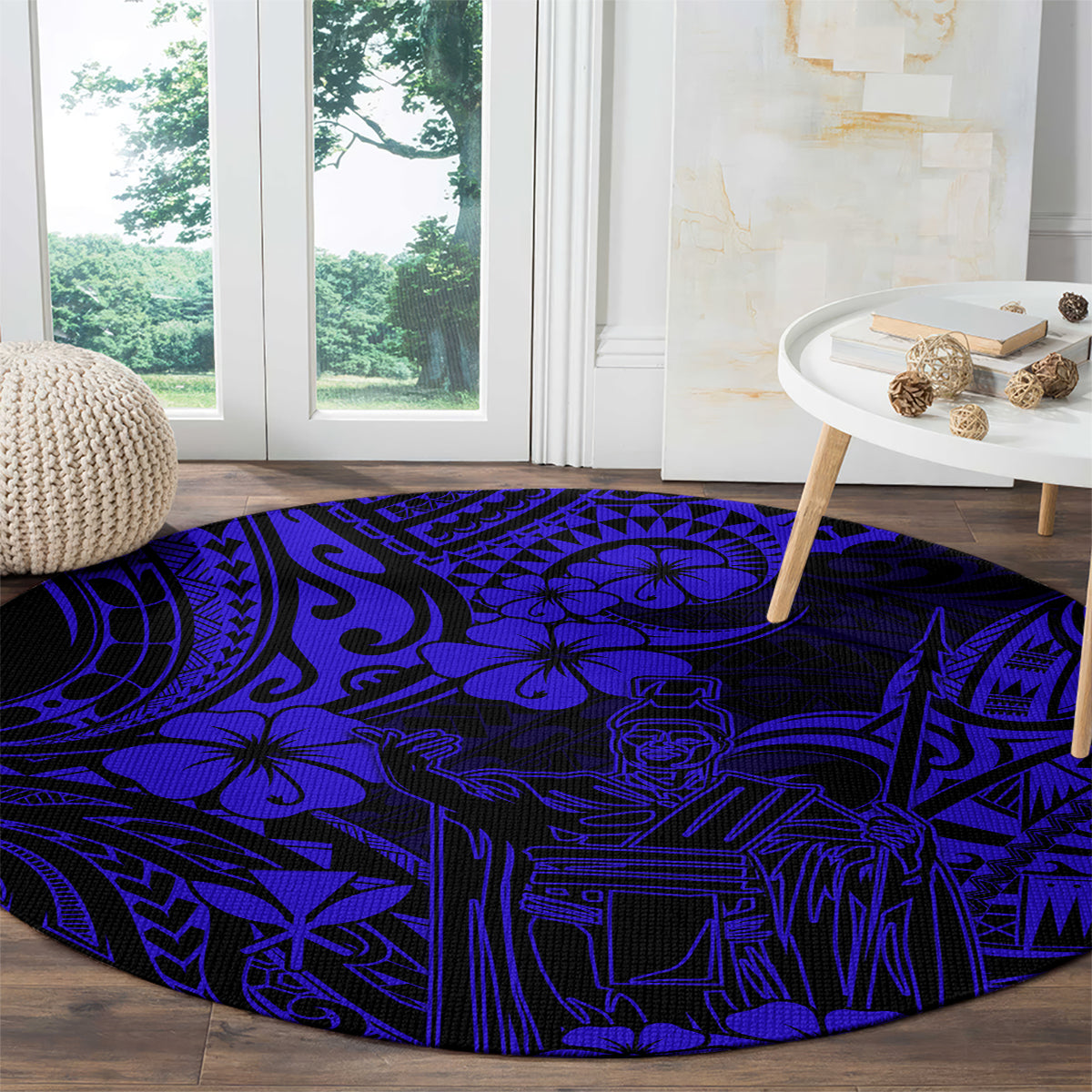 Navy blue round carpet with Polynesian line art figures and flower motifs