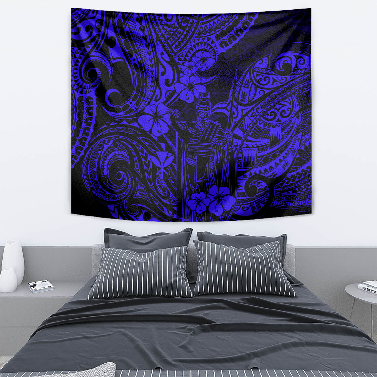 Navy blue wall tapestry with geometric Polynesian figures and floral details