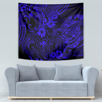 Navy blue Polynesian tapestry with dense tribal swirls and flower accents