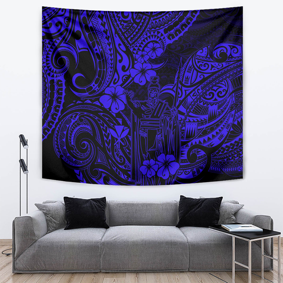 Navy blue tapestry with stylized figures, swirls, and dark floral motifs