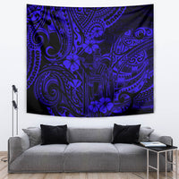 Navy blue tapestry with stylized figures, swirls, and dark floral motifs