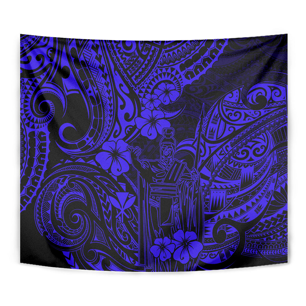 Navy blue hanging tapestry with intricate Polynesian patterns and blossoms