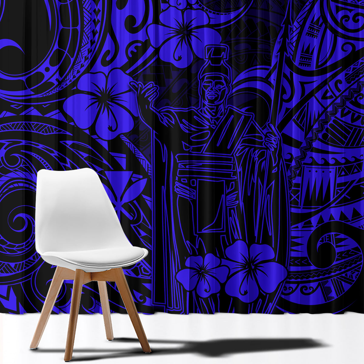 Navy blue Polynesian window curtain panel with detailed face and swirls