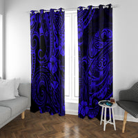 Navy blue Polynesian patterned window curtains with spiral designs and flowers