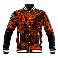 Orange and black Polynesian baseball jacket with black ribbed collar and snap front