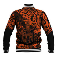 Back view of orange and black Polynesian baseball jacket with striped ribbed hem