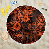 Orange circular Polynesian pattern beach blanket with white fringe border