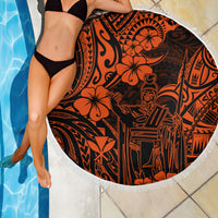 Orange circular Polynesian pattern beach blanket with white fringe beside pool