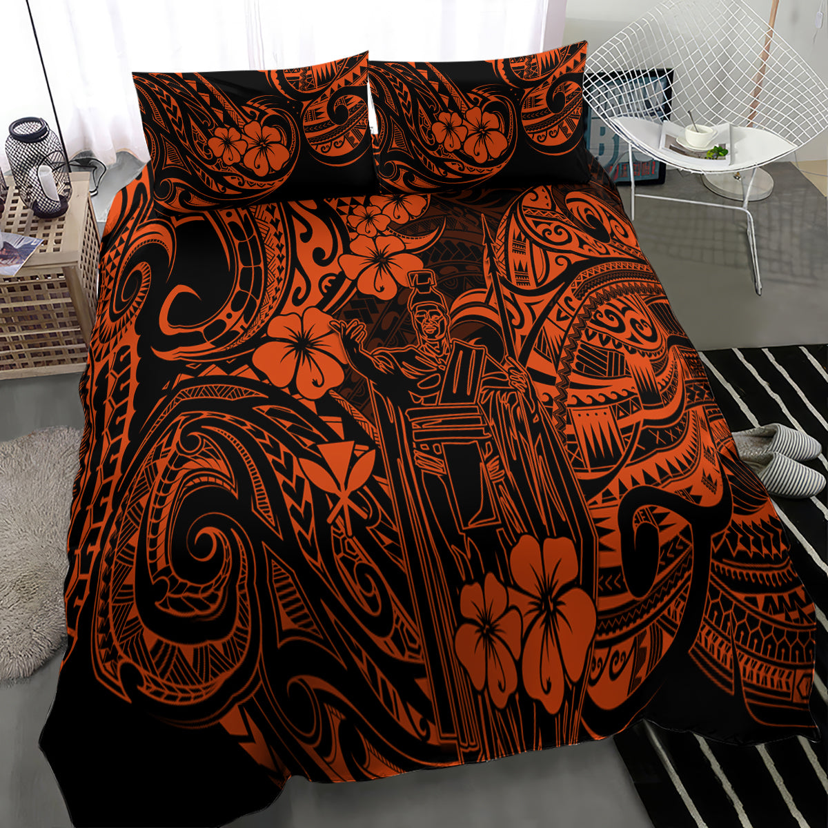 Hawaiian bedding set, orange and black polynesian print duvet with two pillowcases