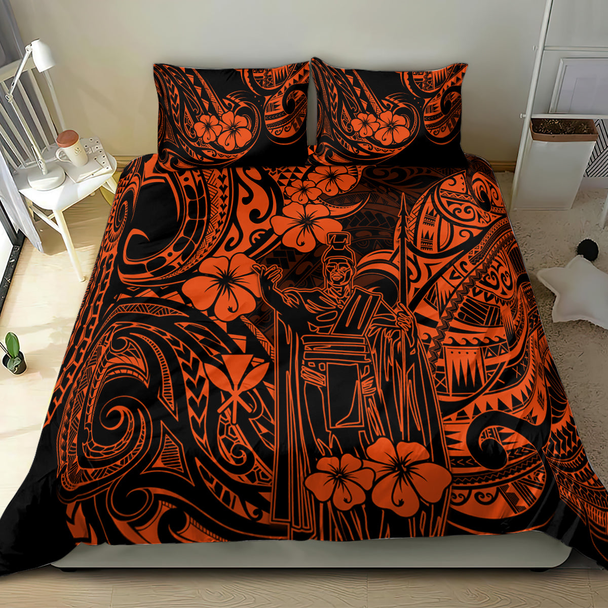 Hawaiian bedding set with orange polynesian pattern duvet and two pillow shams, king figure