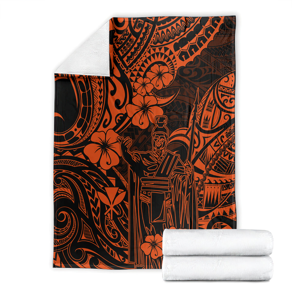 Orange and black Polynesian pattern blanket with king figure, shown as folded pack
