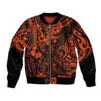 Orange bomber jacket with Polynesian pattern, front zipper, black sleeves and ribbed cuffs