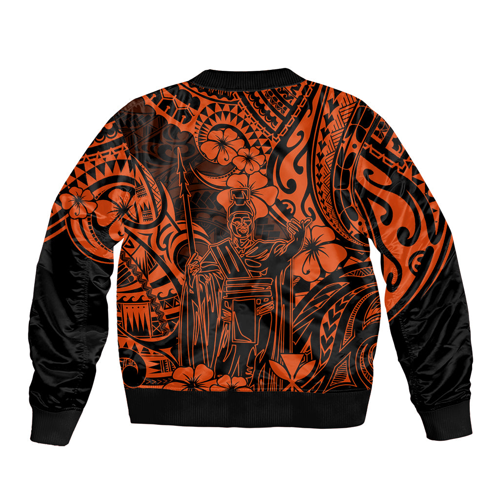 Orange bomber jacket with Polynesian back graphic, black sleeves and ribbed hem cuffs